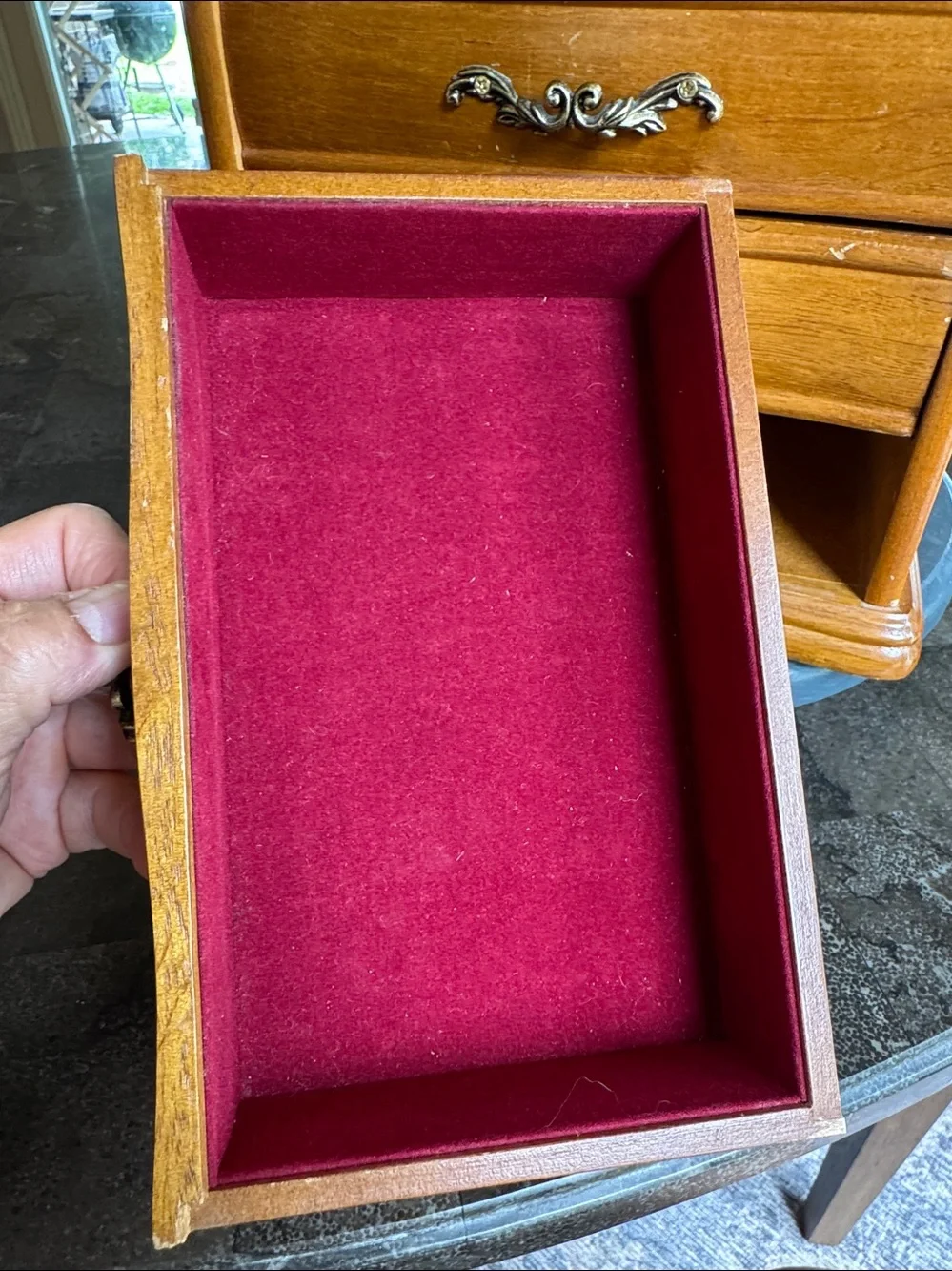 Vintage Wood Jewelry Box red lined